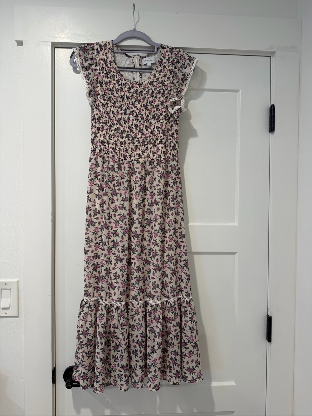Lost + Wander Cream Midi Dress with Pink Floral Print